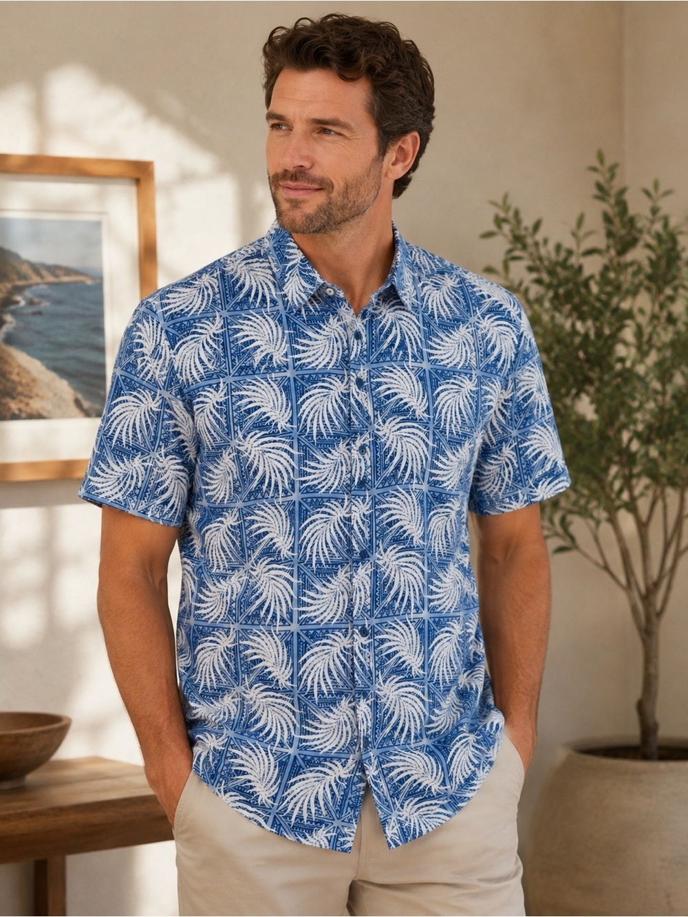 Nat Nast Men’s Blue Tropical Print Silk Cotton Button Down Shirt M Like New
